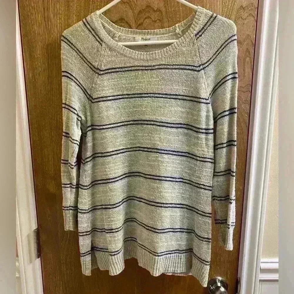 MADEWELL Split Hem Striped Crew Neck Sweater Oatmeal/Blue Small